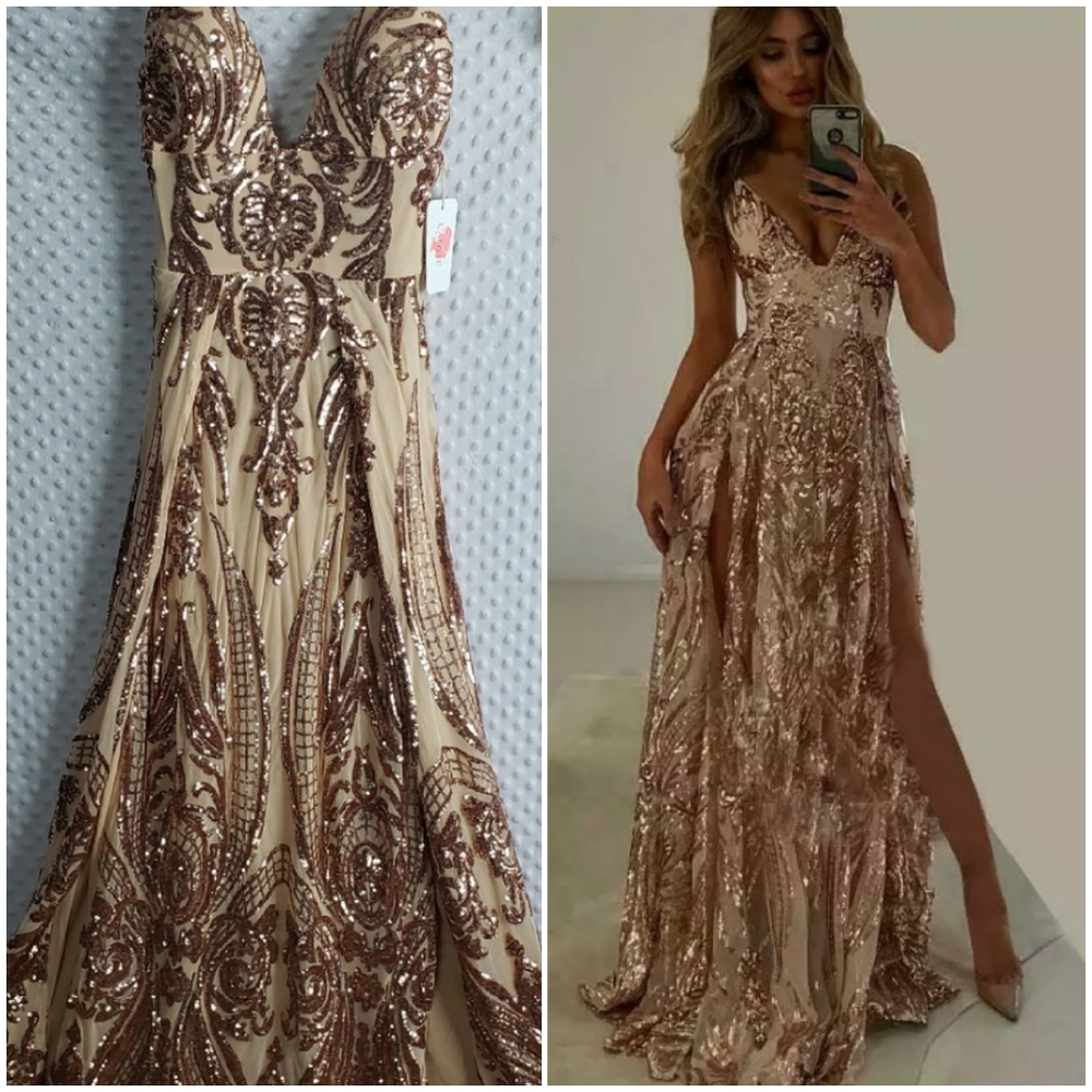 NWT Rose Gold Champagne Sequin Sexy Gown Small